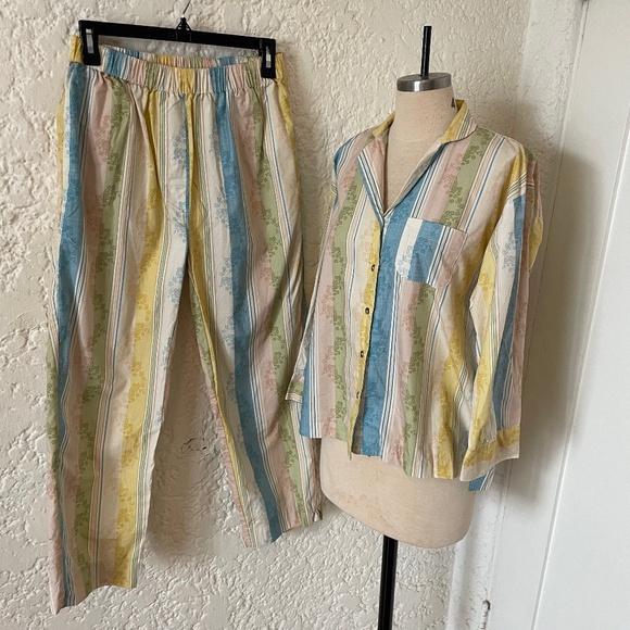 Parterre Primrose Striped Pajama Set Women's Small, Blue Yellow Preppy - Picture 4 of 14